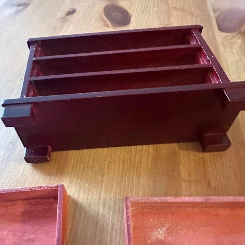 Vintage Miniature Wooden Dresser Jewelry Box Burgundy 3 Drawer Gold Knobs